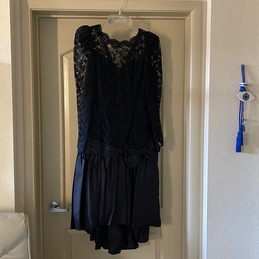 Black long-sleeve lace and taffeta high-low gown